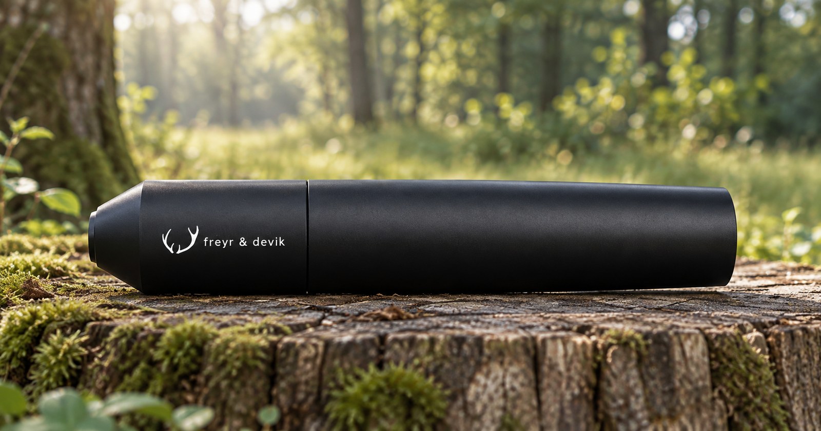 Freyr & Devik Featherweight 269 Titanium Schalldämpfer auf einem bemoosten Baumstumpf im Laubwald