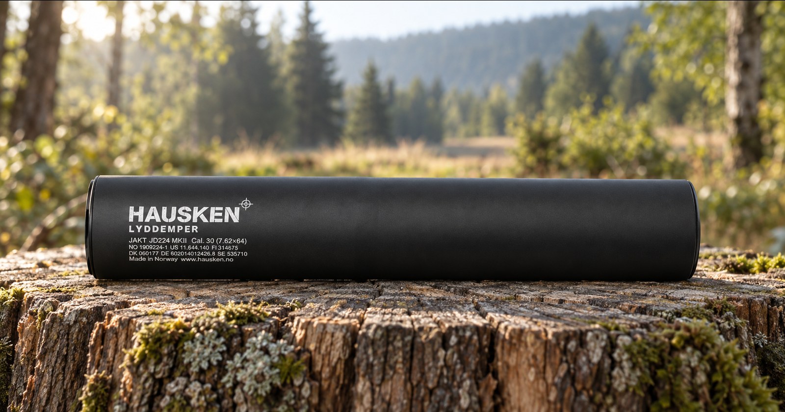 HAUSKEN Jakt JD 224 XTRM MK2 Schalldämpfer auf einem bemoosten Baumstumpf am Waldrand