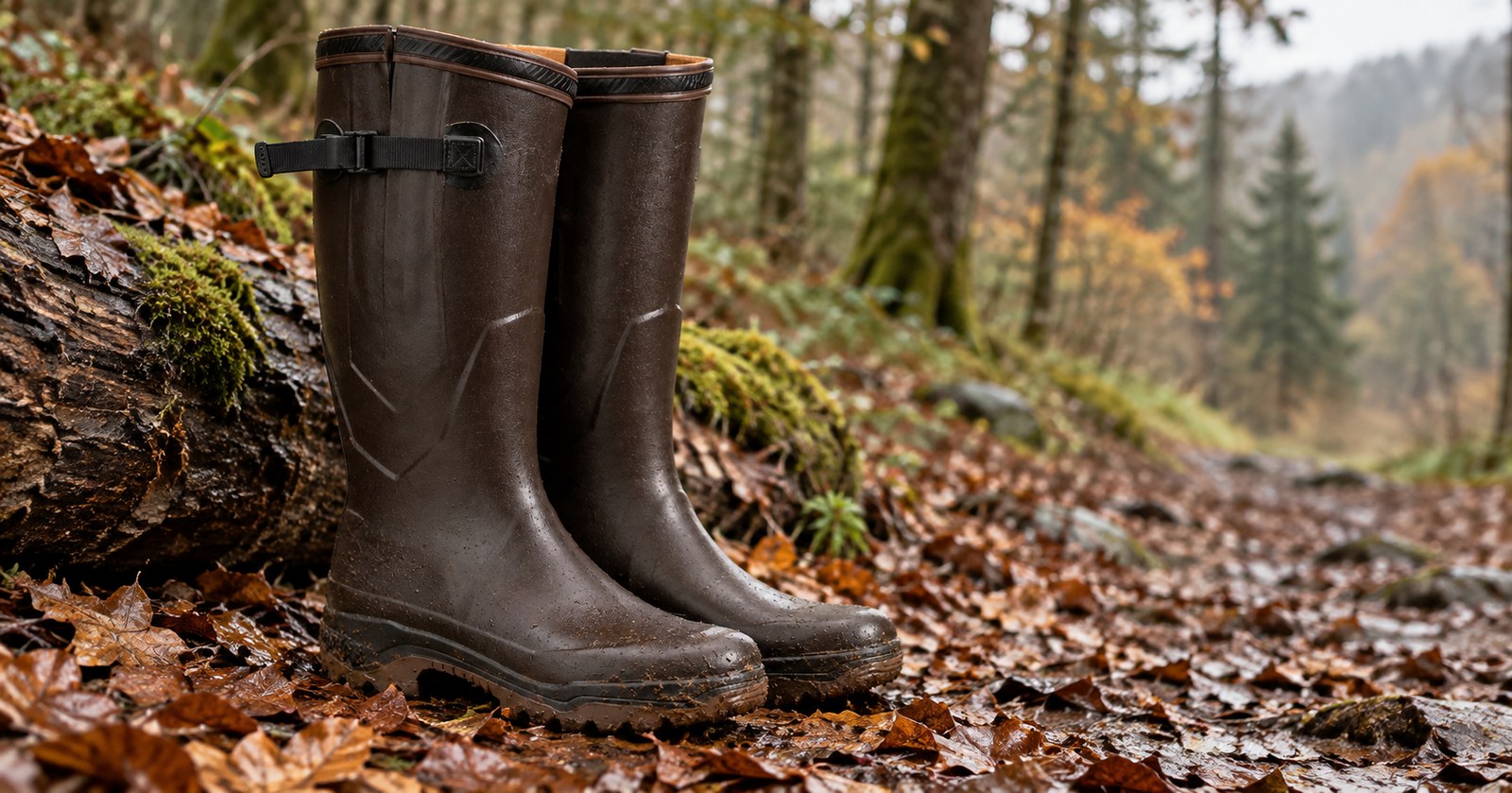 Aigle Parcours 2 Vario auf feuchtem Herbstlaub am bemoosten Stamm