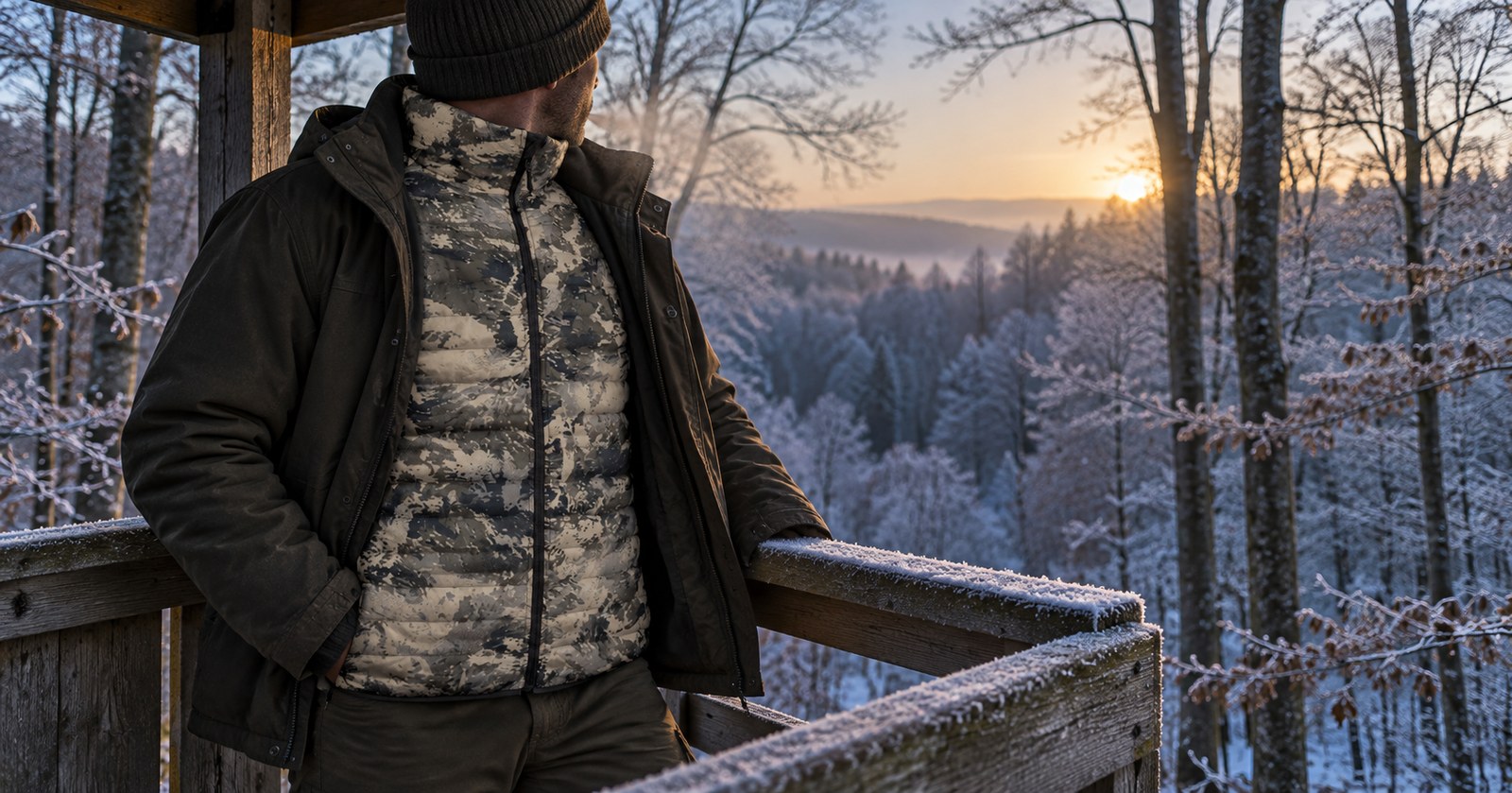 Beheizte Weste im Tarnmuster unter der Jagdjacke auf dem Hochsitz bei Frost
