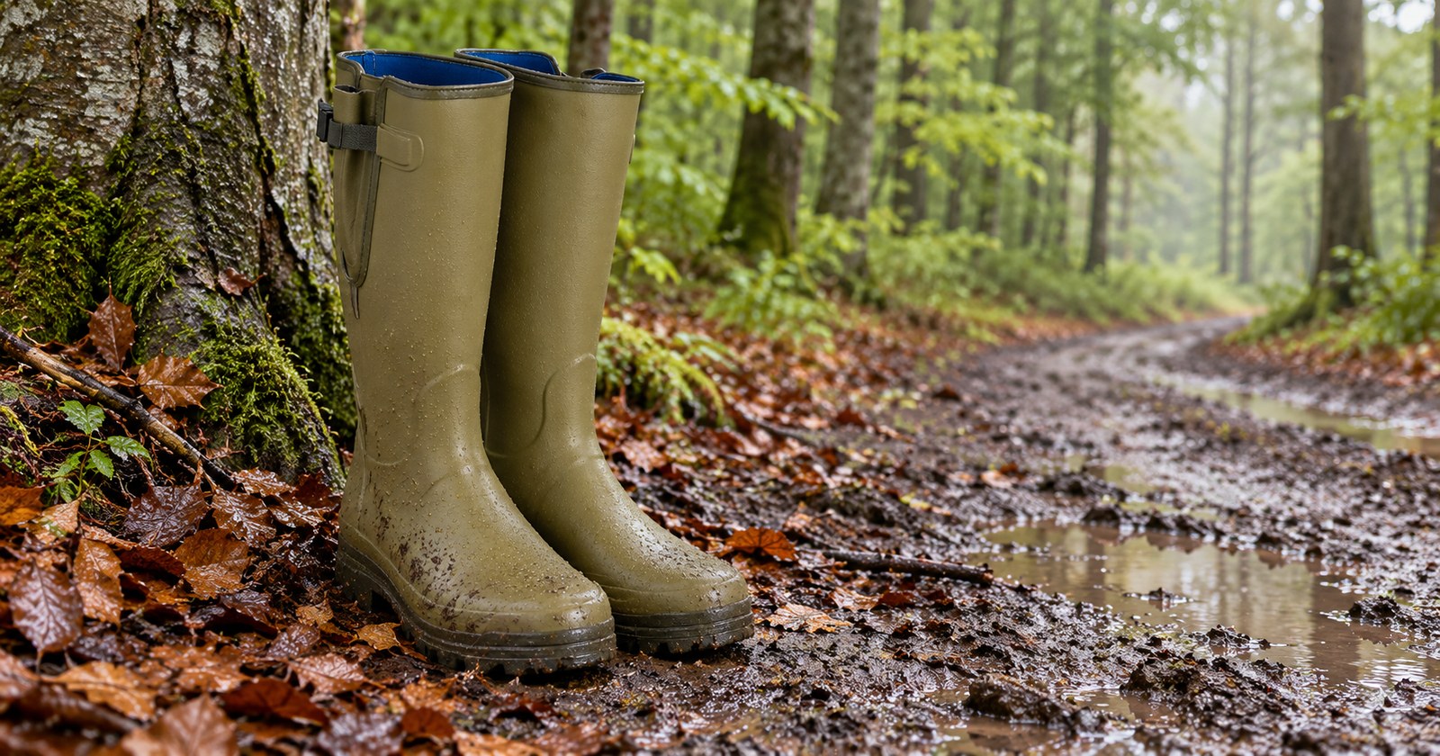 Le Chameau Vierzonord am Stamm einer Buche auf nassem Waldweg