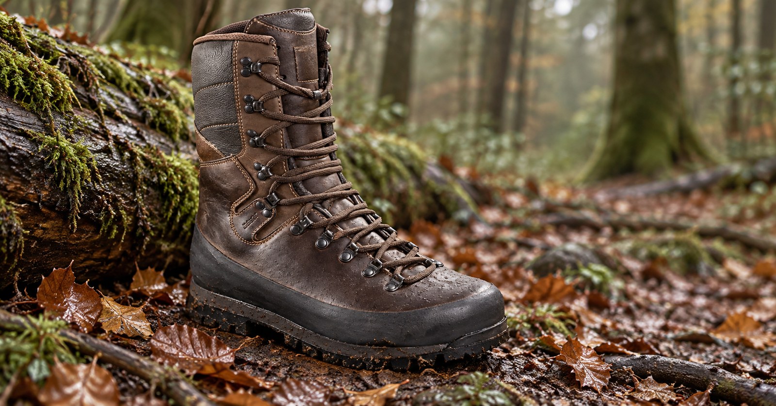 Meindl Dovre Extreme MFS GTX auf einem bemoosten Stamm im nassen Laubwald