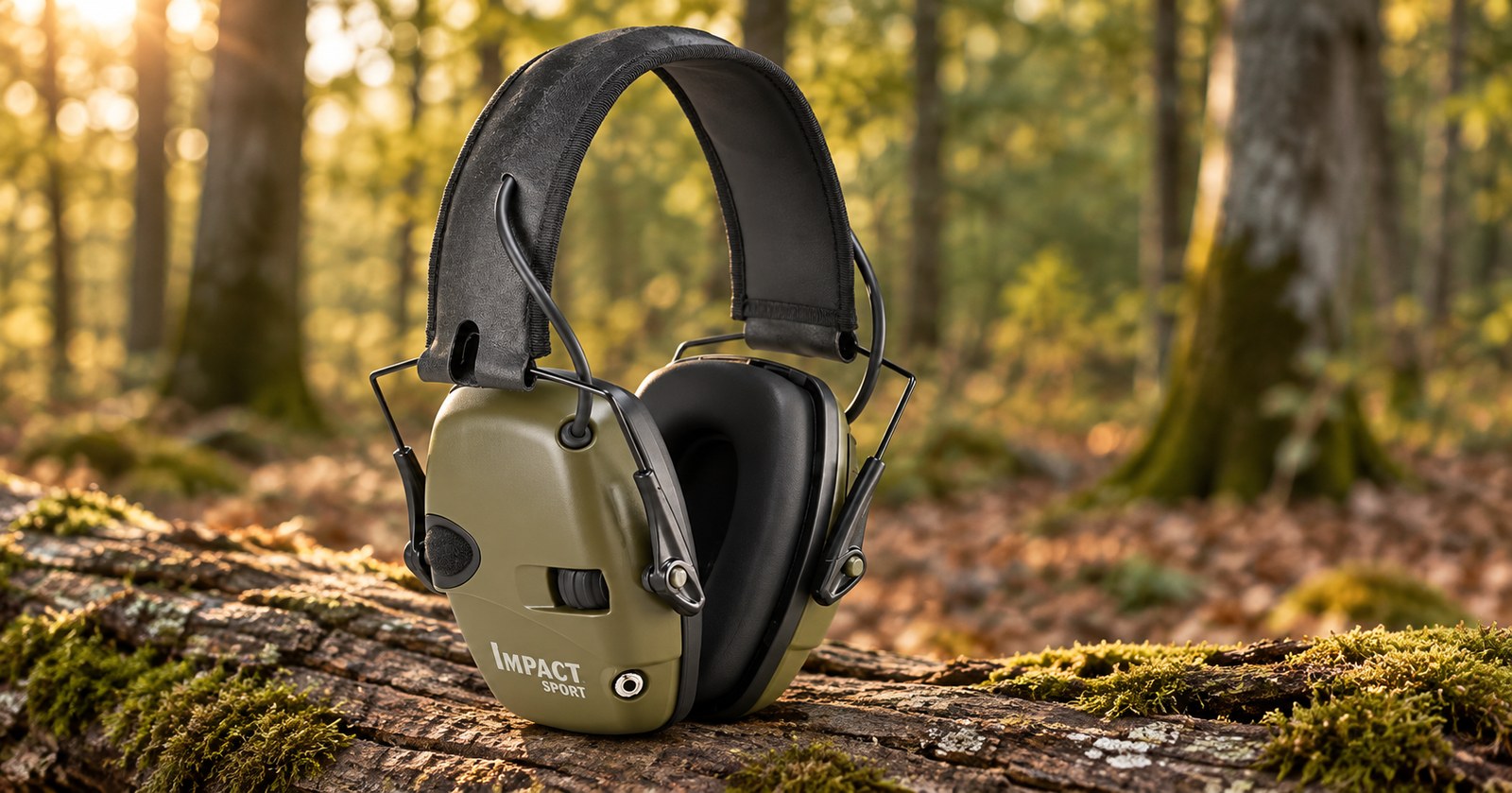 gehoerschutz/howard-leight-impact-sport.jpg Howard Leight Impact Sport in Oliv auf einem bemoosten Stamm im Herbstwald