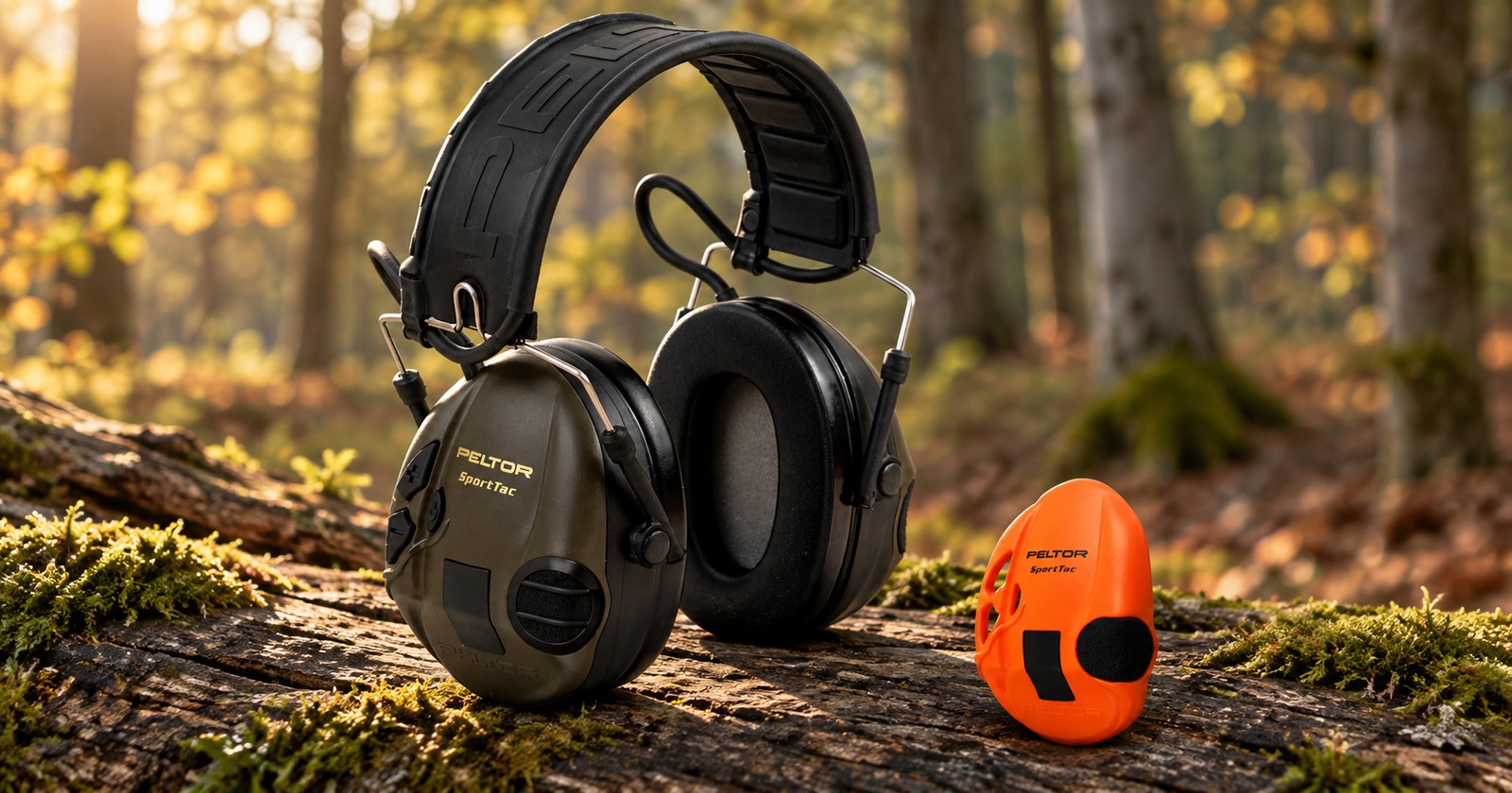 gehoerschutz/peltor-sporttac.jpg 3M Peltor SportTac mit grünen und orangefarbenen Wechselkapseln auf einem bemoosten Stamm im Herbstwald