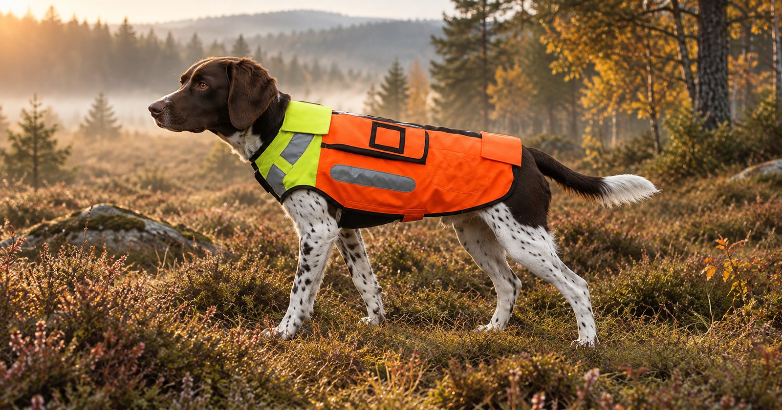Boar Protec Schutzweste in Signalorange mit neongelbem Schulterteil an einem Vorstehhund im herbstlichen Revier