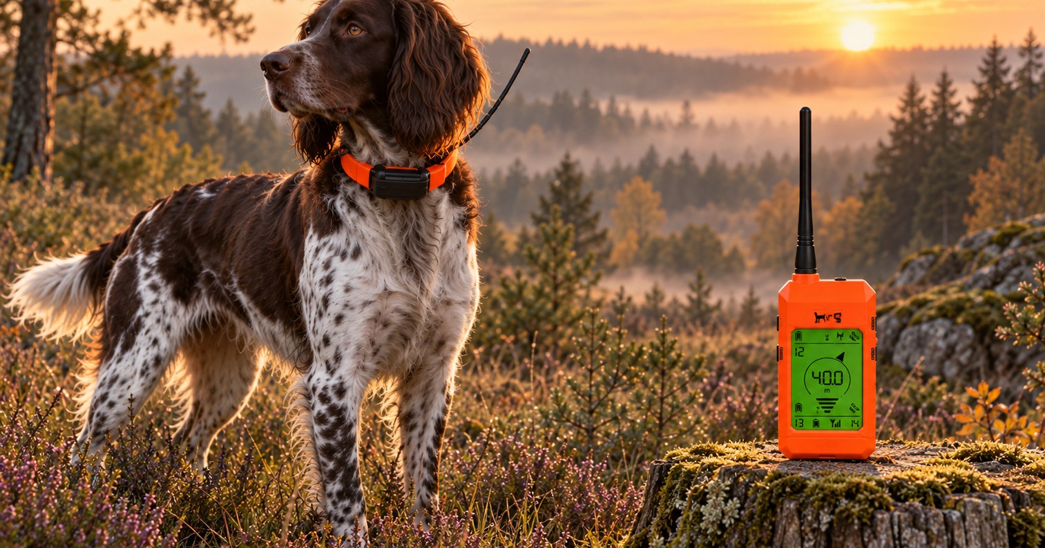 Dogtrace X30 Handgerät in Signalorange auf einem Baumstumpf, daneben ein Vorstehhund mit Ortungshalsband