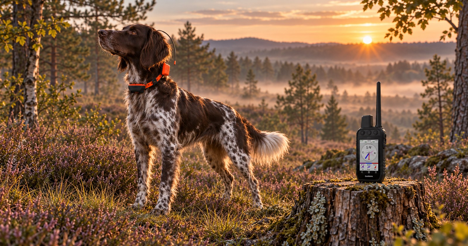 Garmin Alpha 300K Handgerät auf einem Baumstumpf, daneben ein Vorstehhund mit orangefarbenem GPS-Halsband im Morgenlicht