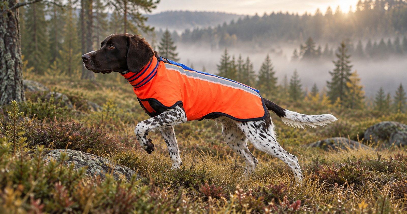 MAM Kettenschutzweste in Signalorange mit blauer Paspel an einem Vorstehhund im nebligen Morgenrevier