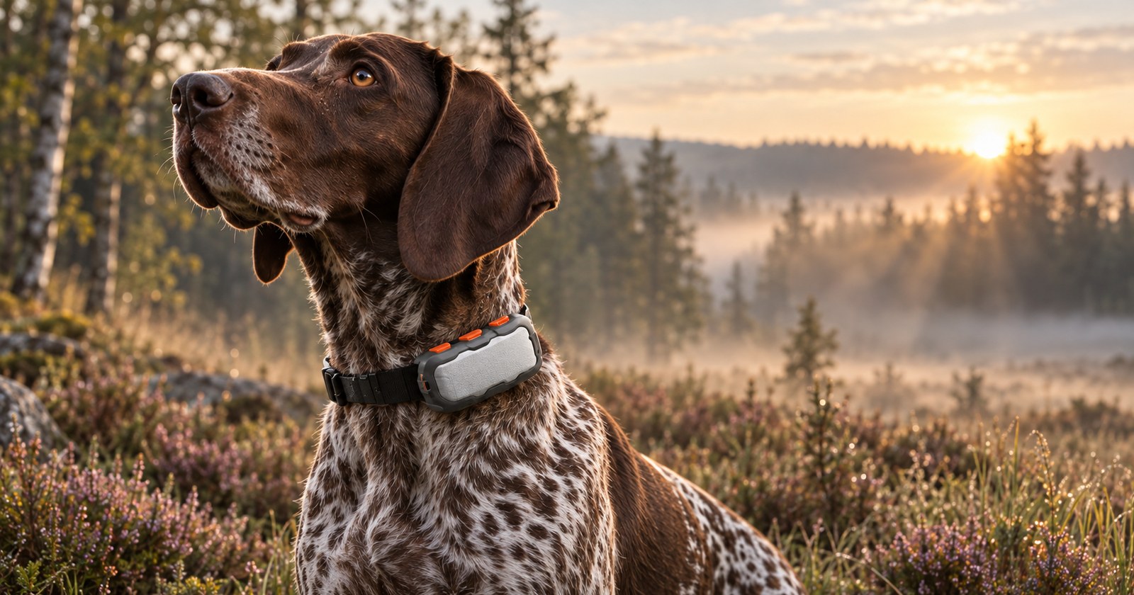 Tractive GPS XL Tracker am Halsband eines Kurzhaars im Morgennebel