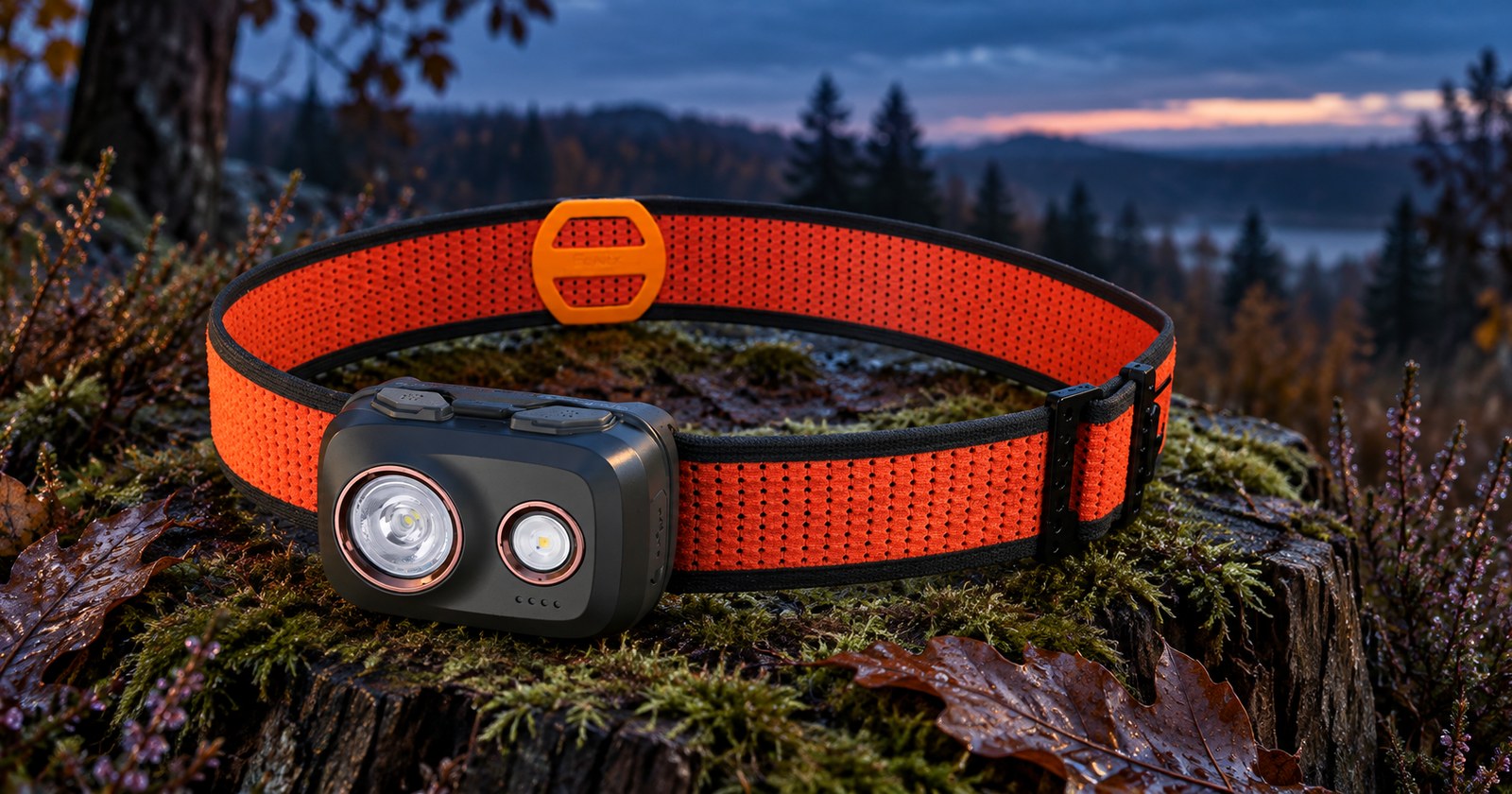 licht/fenix-hl32r-t.jpg Stirnlampe mit orangefarbenem Kopfband auf einem bemoosten Stamm in der Abenddämmerung