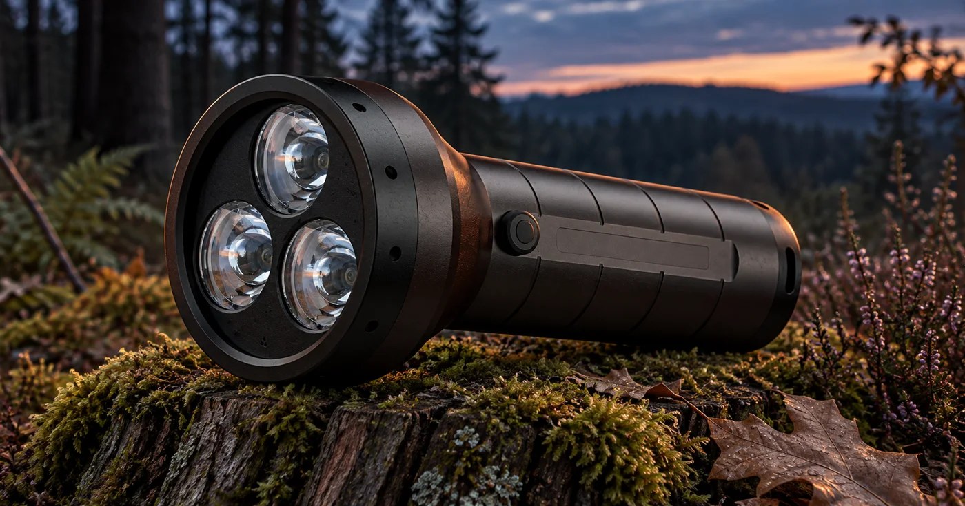 licht/ledlenser-p18r.jpg Fokussierbare Jagdlampe mit drei Reflektoren auf einem bemoosten Stamm in der Abenddämmerung
