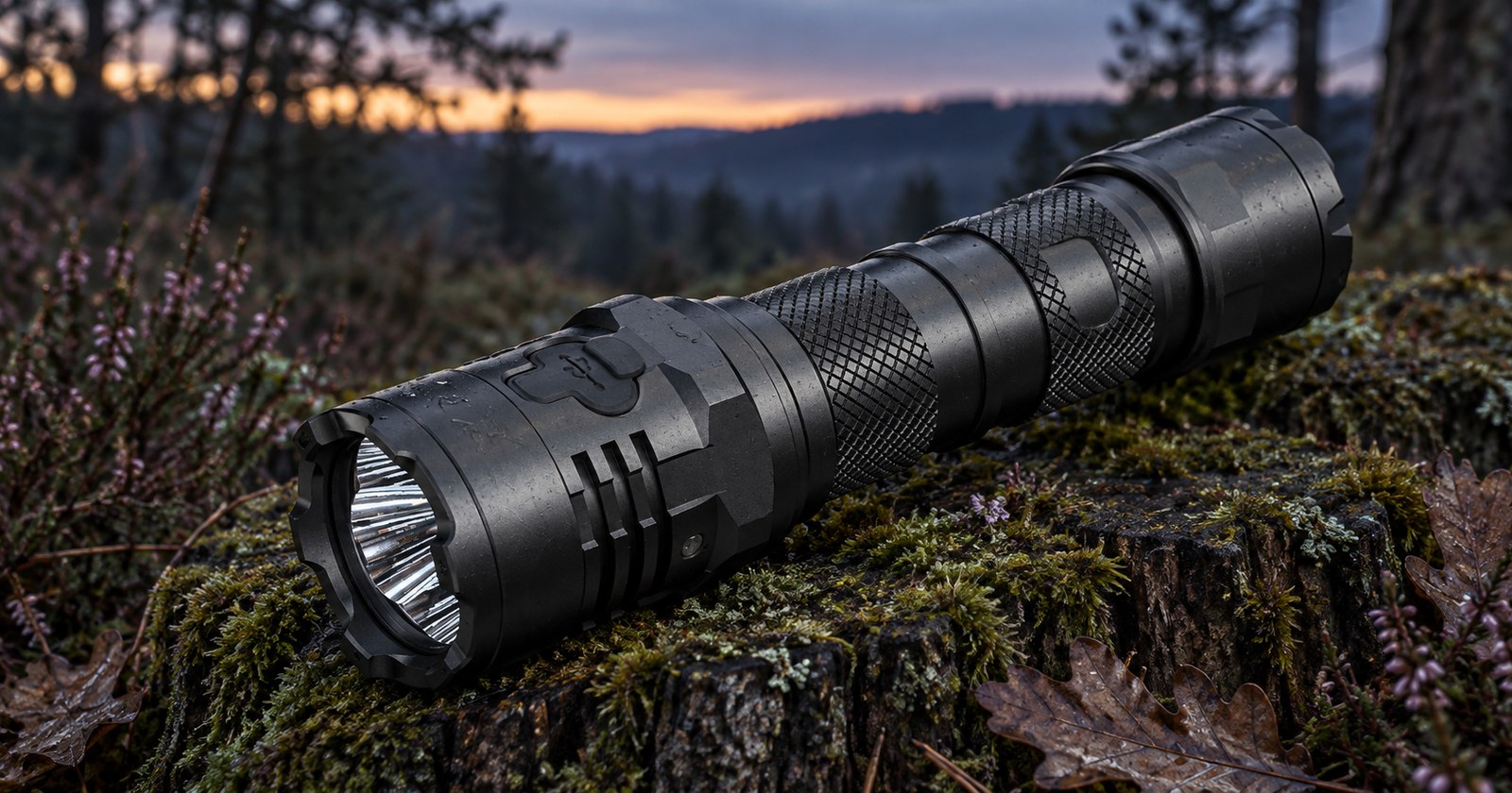 licht/ledlenser-p6r-core-rotlicht.jpg Taktische Taschenlampe mit geriffeltem Gehäuse auf einem bemoosten Stamm in der Abenddämmerung
