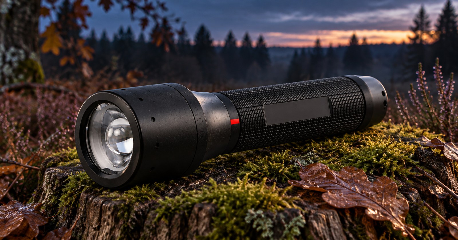 licht/nitecore-p20ix-taktische-taschenlampe.jpg Taktische Taschenlampe mit einzelnem Reflektor auf einem bemoosten Stamm in der Abenddämmerung