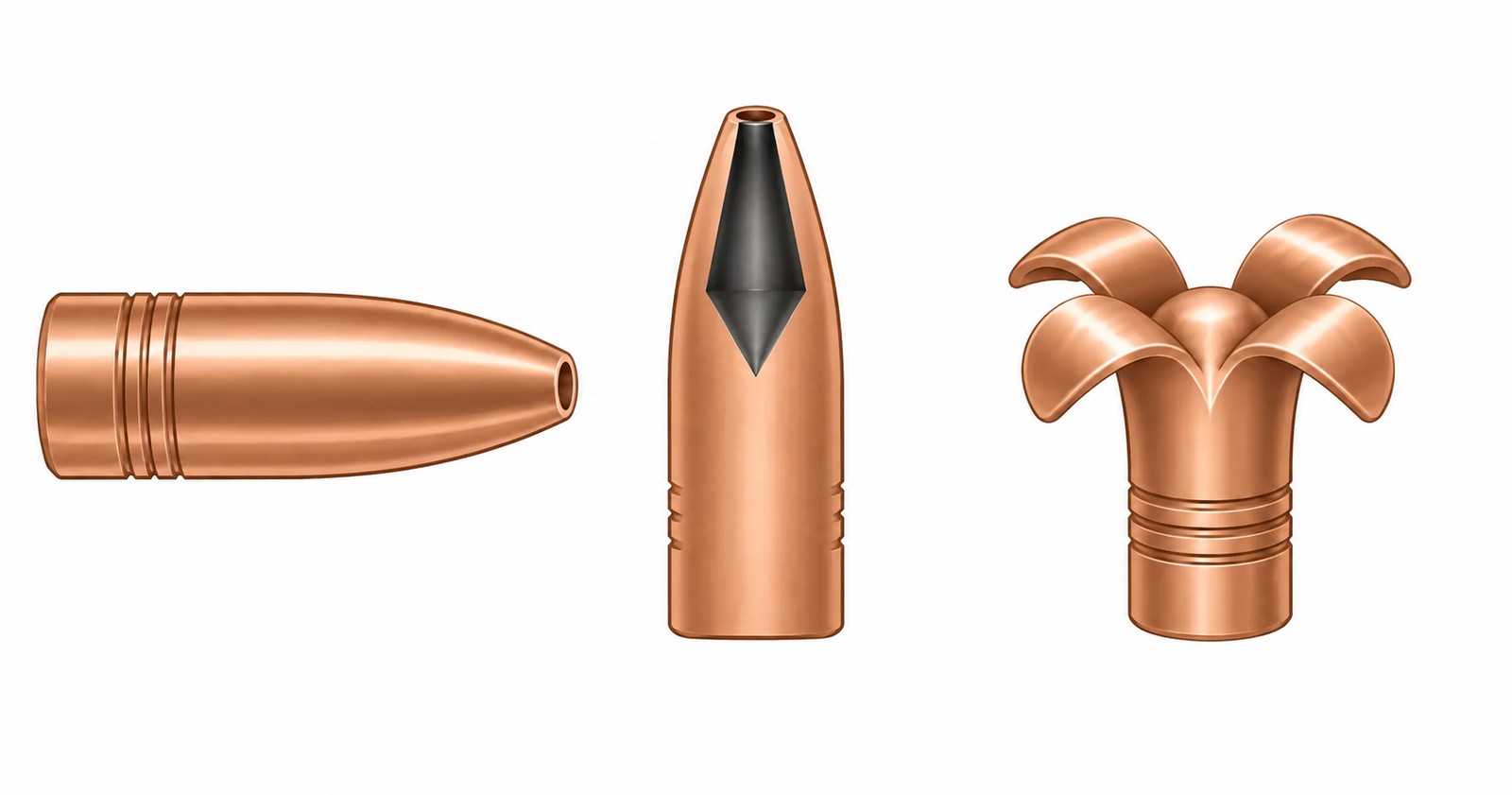 munition/deformationsgeschoss-schema.jpg Schema eines monolithischen Deformationsgeschosses in drei Ansichten: unverformtes Geschoss mit Hohlspitze, Längsschnitt aus durchgehend einem Material mit kegelförmigem Hohlraum hinter der Spitze, sowie das aufgepilzte Geschoss mit vier umgelegten Blättern und unversehrtem Schaft