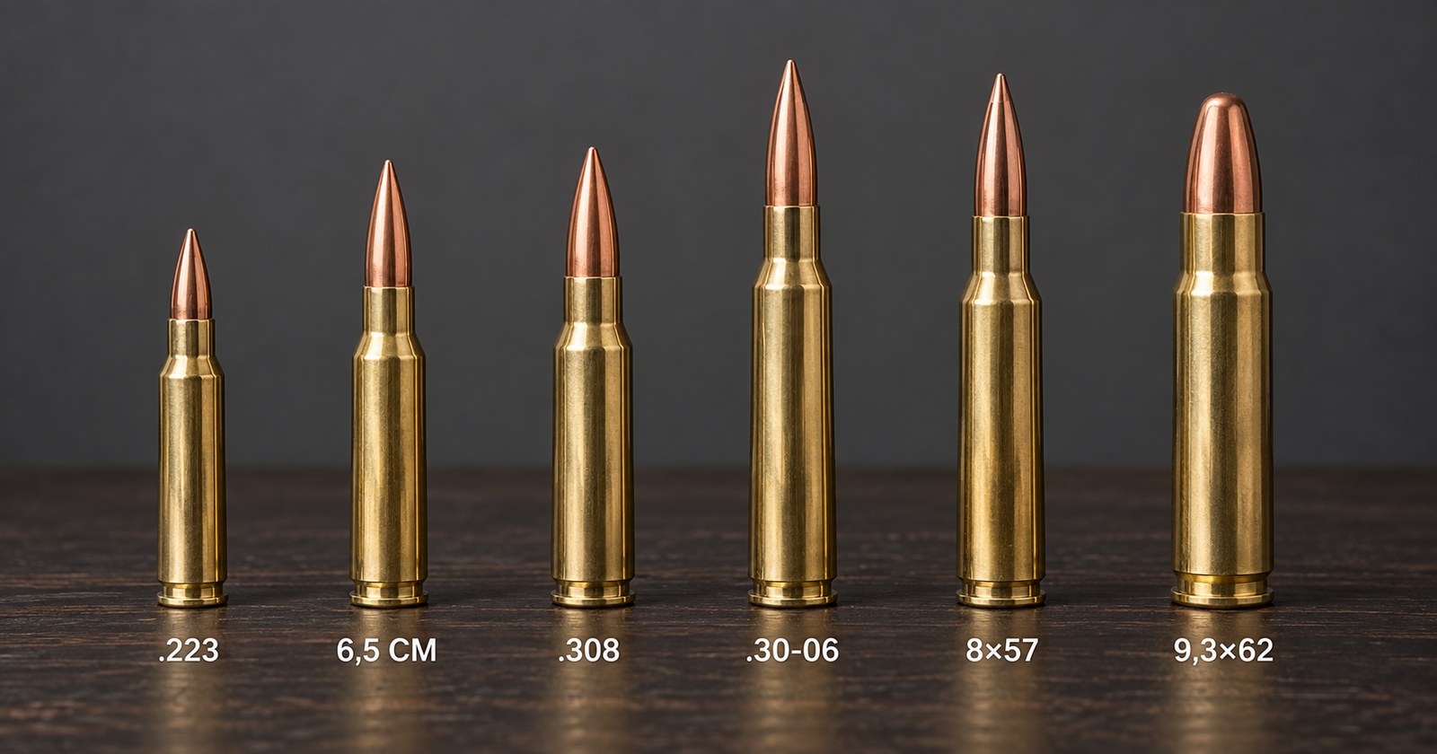 munition/kaliber-groessenvergleich.jpg Sechs Jagdpatronen im maßstabsgetreuen Größenvergleich: .223 Rem., 6,5 Creedmoor, .308 Win., .30-06, 8×57 IS und 9,3×62