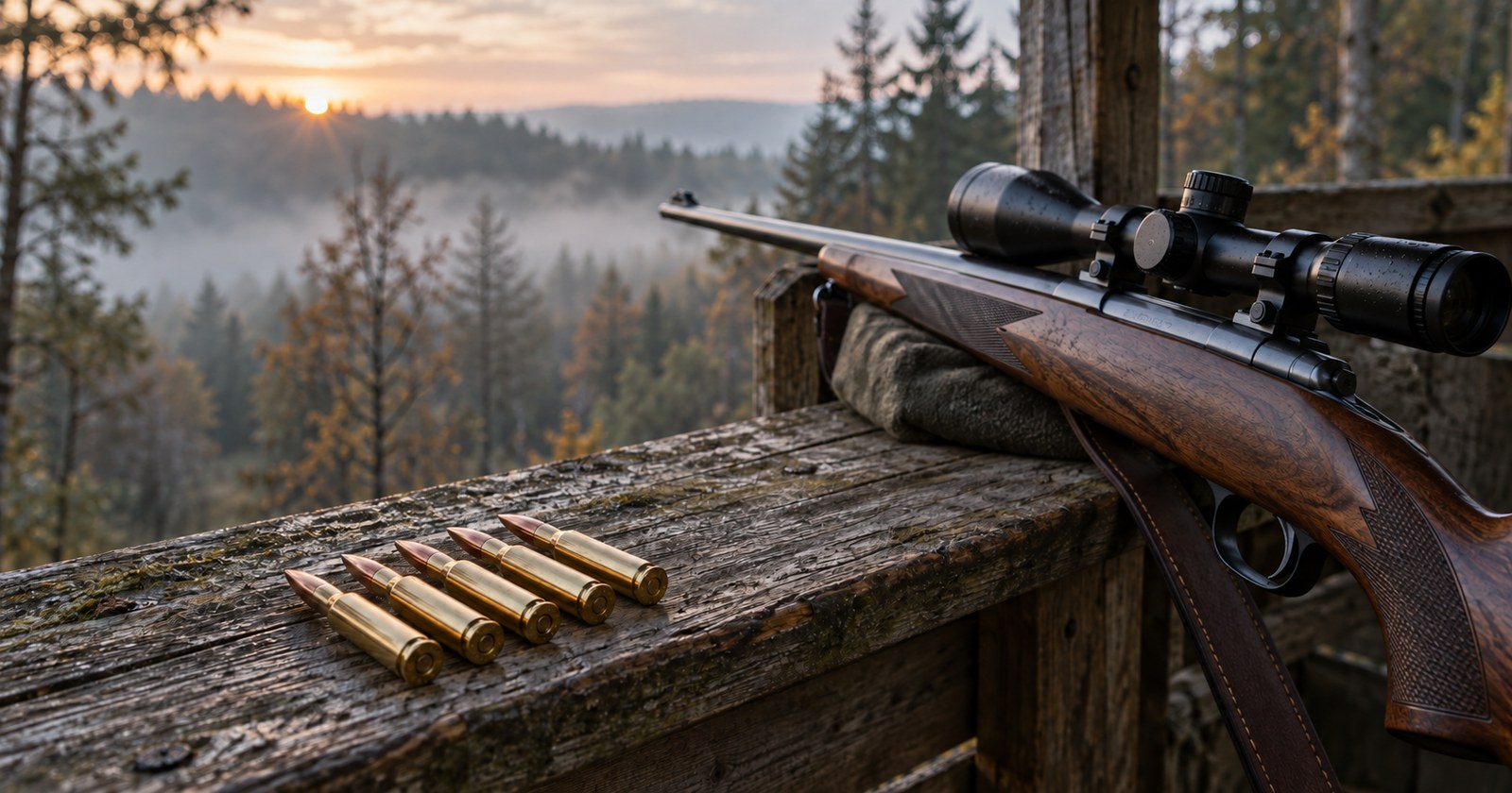 munition/kaliberwahl-ansitz.jpg Repetierbüchse mit Zielfernrohr und fünf Patronen auf dem Brett einer Kanzel im Morgennebel