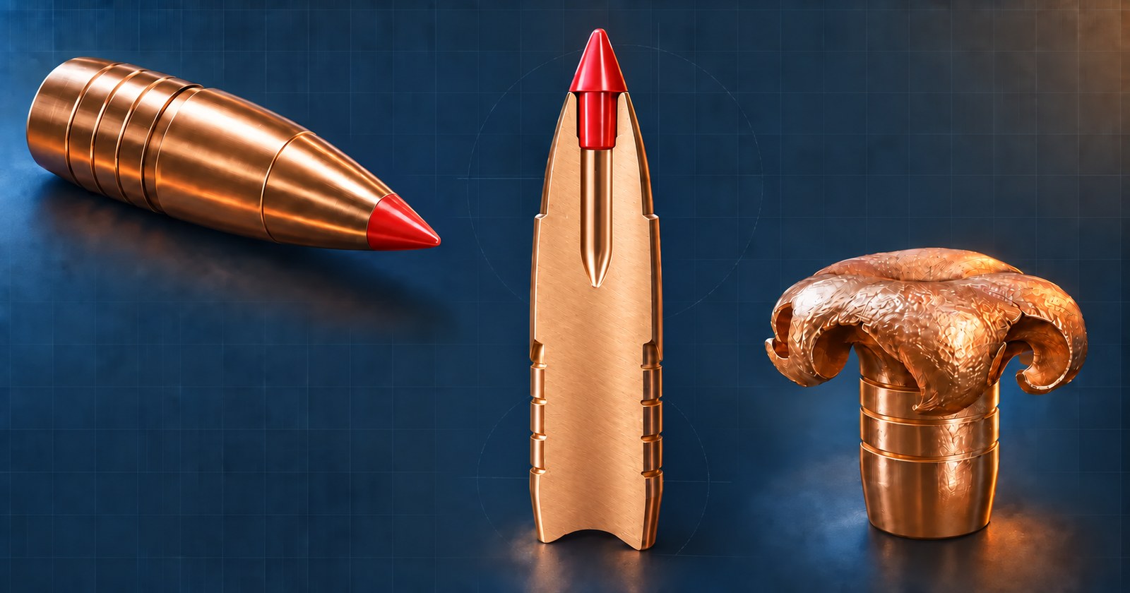 munition/sb-exergy-edge-konstruktion.jpg Drei Ansichten der S&B eXergy EDGE: ganzes Geschoss mit roter Kunststoffspitze und Entlastungsrillen, Längsschnitt mit dem Schaft der Spitze, sowie ein aufgepilztes Geschoss mit Fahnenkranz