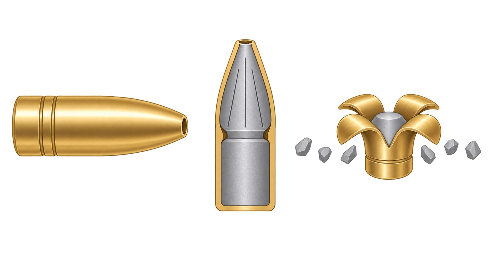 munition/teilzerleger-schema.jpg Schema eines Teilzerlegungsgeschosses in drei Ansichten: unverformtes Geschoss mit Hohlspitze, Längsschnitt mit vorderem und hinterem Kern und der Einschnürung dazwischen, sowie der Restkörper nach dem Auftreffen mit umgelegtem Mantel und abgegebenen Splittern