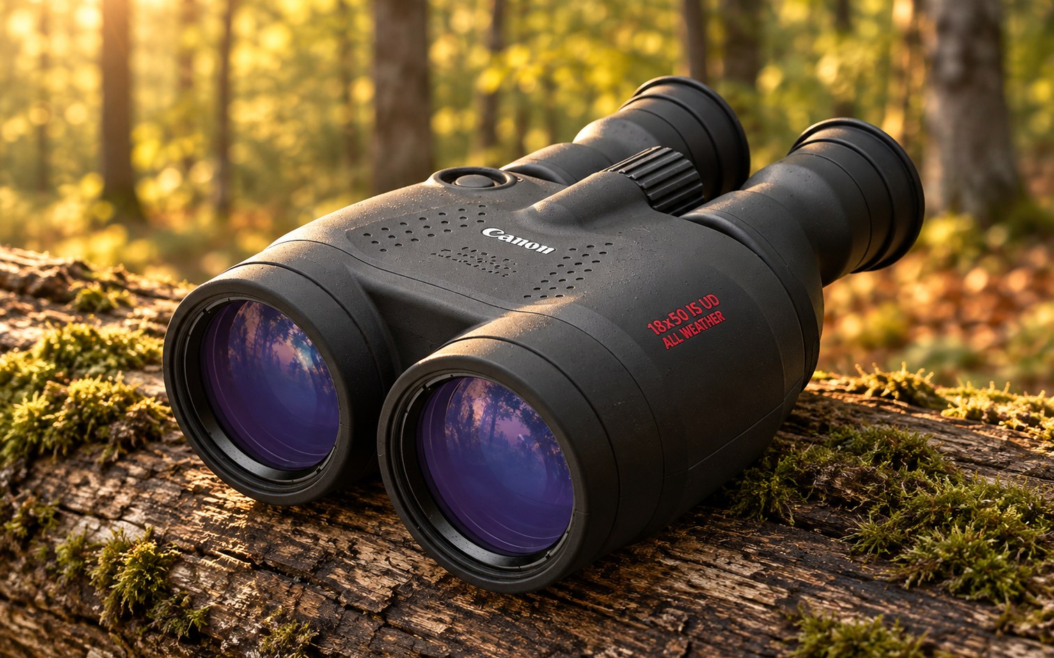Canon 18x50 IS All Weather bildstabilisiertes Fernglas auf einem bemoosten Stamm im herbstlichen Laubwald