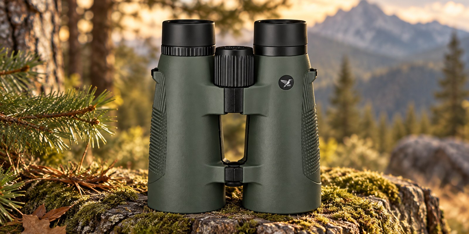 DDoptics Nighteagle ERGO 8×56 in Grün auf einem bemoosten Baumstumpf, im Hintergrund ein Bergmassiv