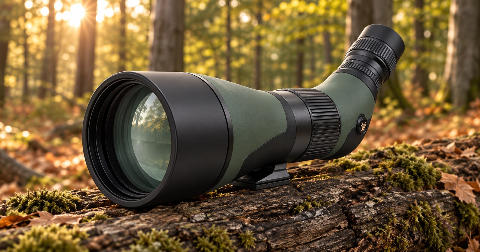 GPO Passion 20–60×85 APO auf einem bemoosten Stamm im herbstlichen Gegenlicht