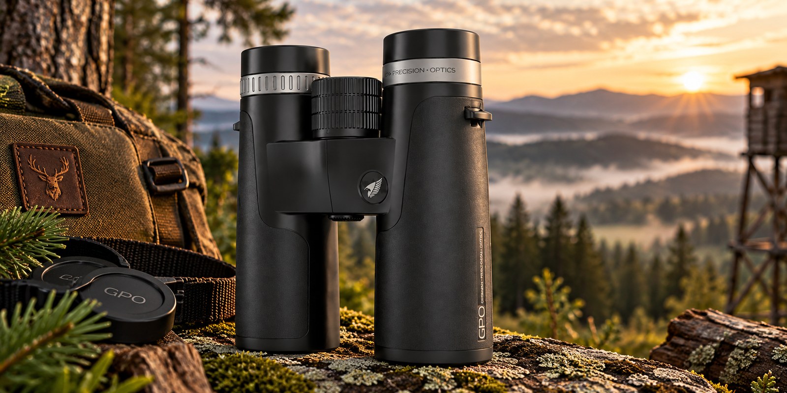 GPO Passion HD 8×42 in Schwarz neben einem Rucksack, im Hintergrund ein Hochsitz