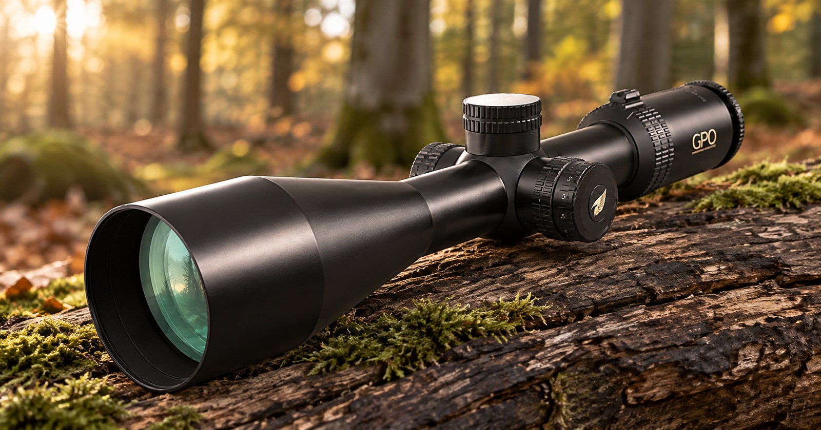 GPO Spectra 6× 3–18×56i auf einem bemoosten Stamm im Herbstlicht