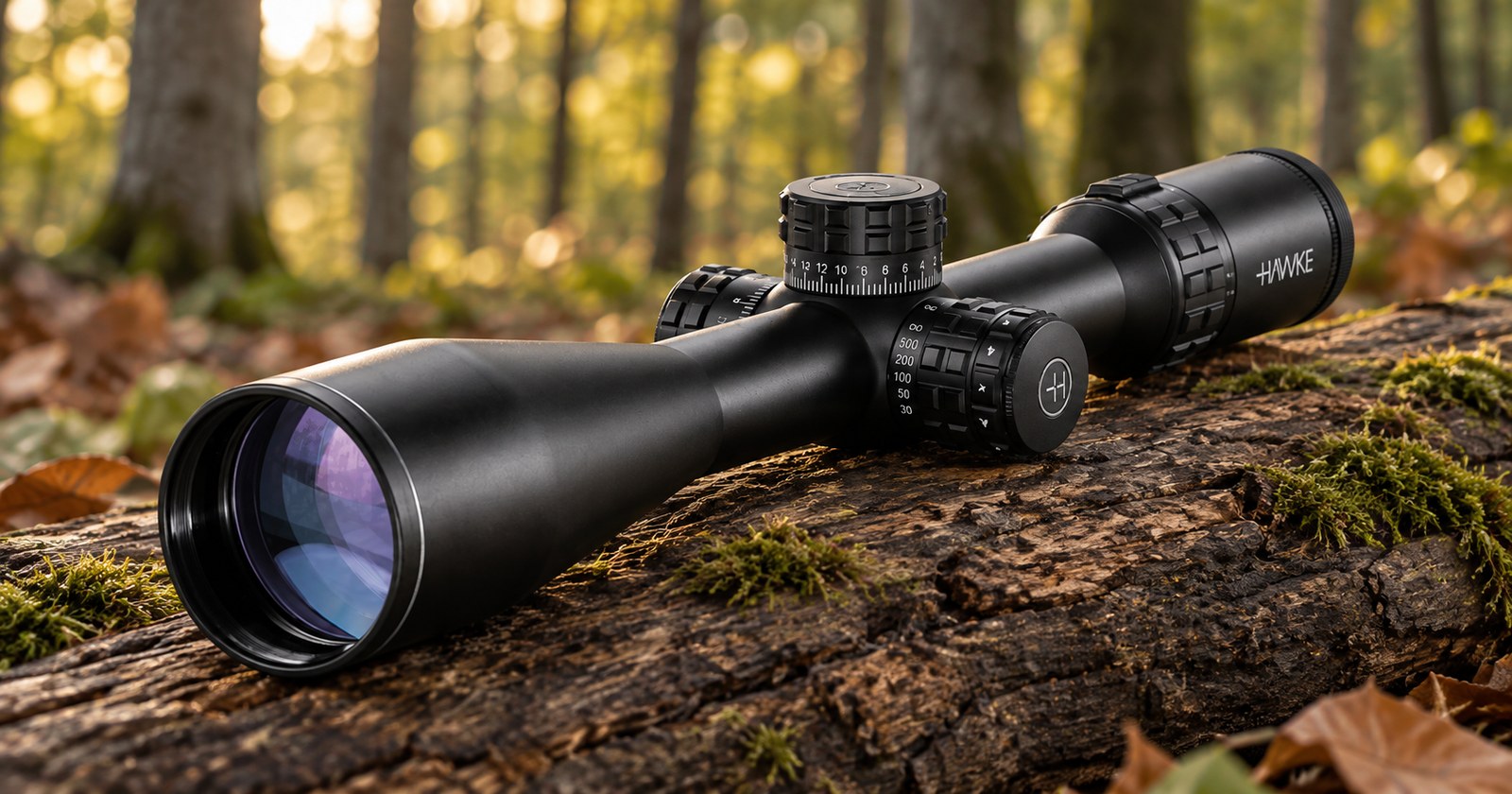 Hawke Frontier 30 SF 2,5–15×50 auf bemoostem Stamm im Laubwald