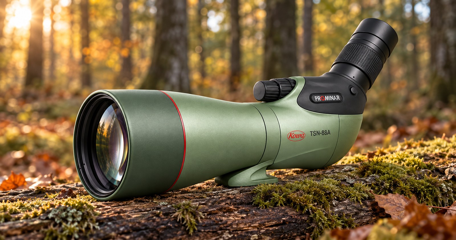 Kowa TSN-88A PROMINAR auf bemoostem Stamm im Herbstwald