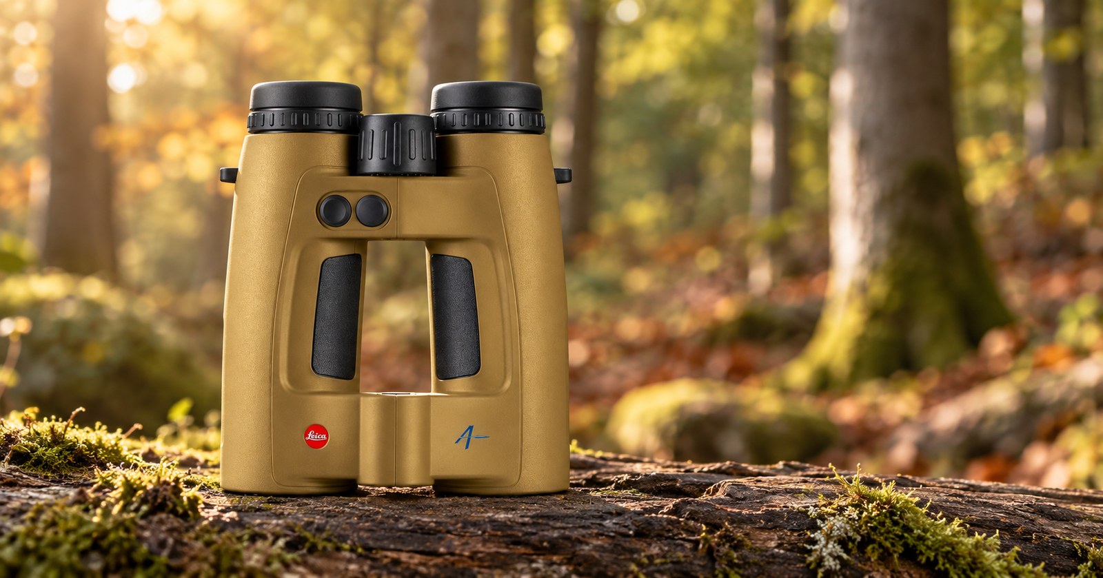 Leica Geovid Pro AB+ 10×42 auf einem bemoosten Stamm im herbstlichen Buchenwald