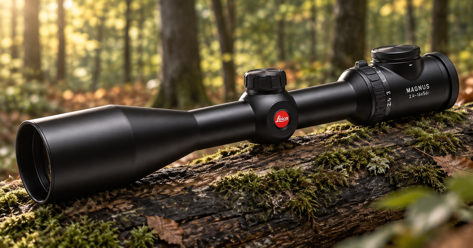Leica Magnus 2,4–16×56 i auf einem bemoosten Stamm im Buchenwald