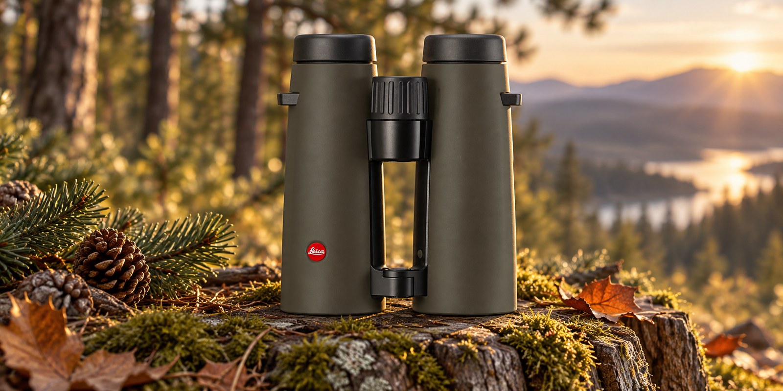 Leica Noctivid 8×42 in Oliv auf einem bemoosten Baumstumpf
