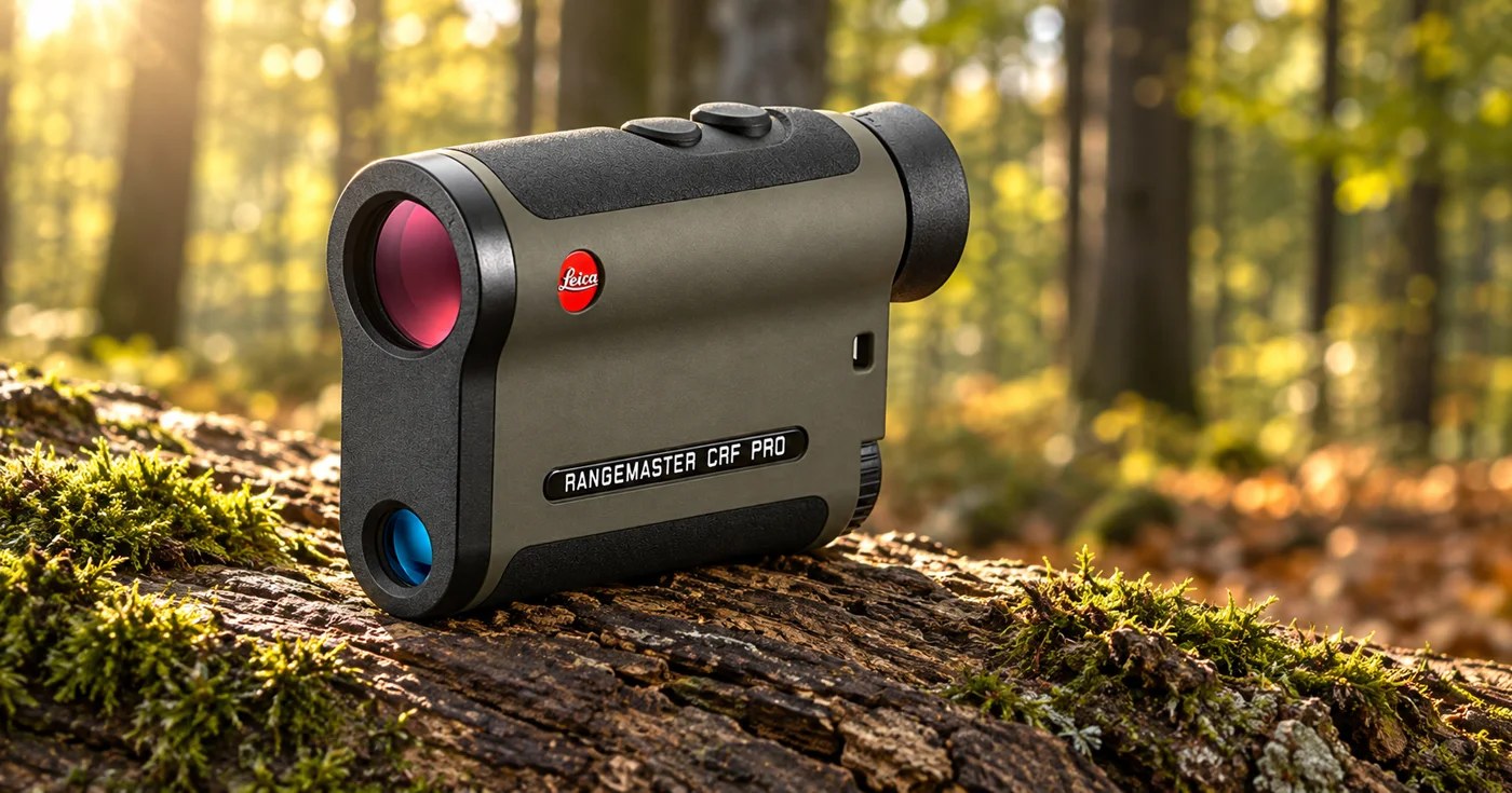 Leica Rangemaster CRF Pro auf einem bemoosten Stamm im Gegenlicht
