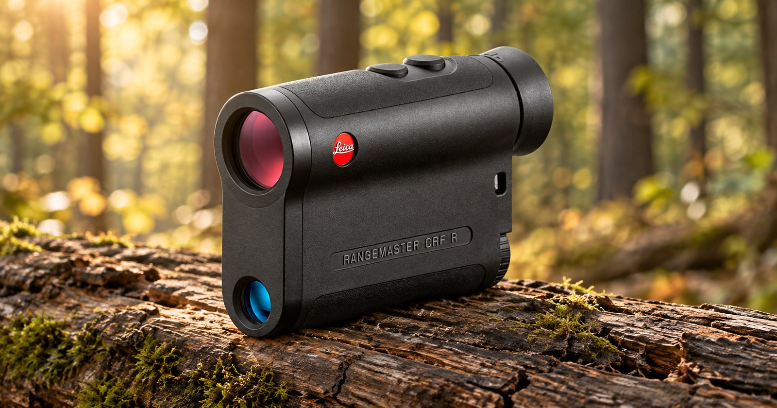 Leica Rangemaster CRF R auf einem bemoosten Stamm im Herbstwald