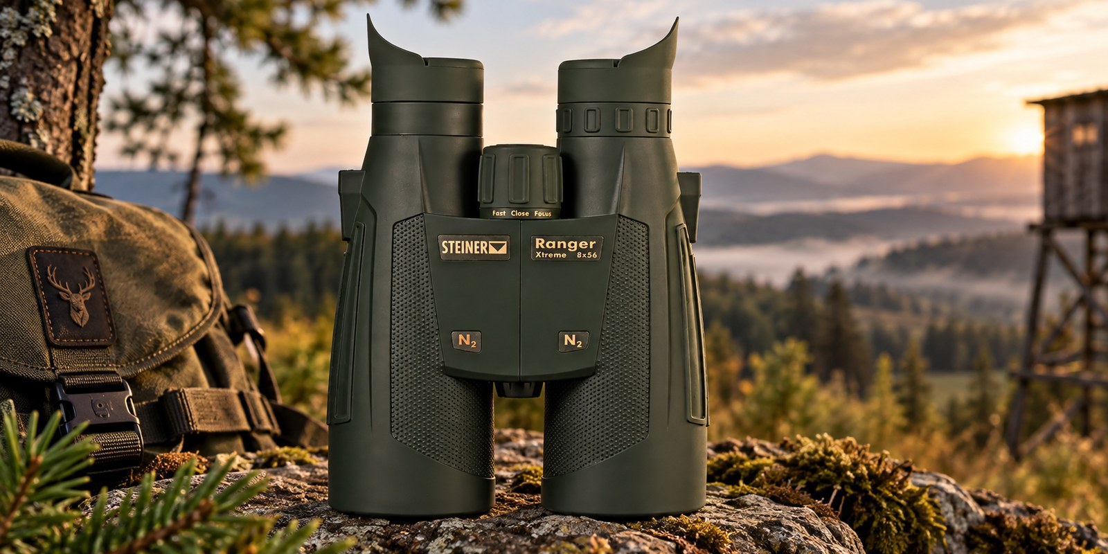 Steiner Ranger Xtreme 8×56 auf einem Felsen mit Blick über neblige Bergwälder