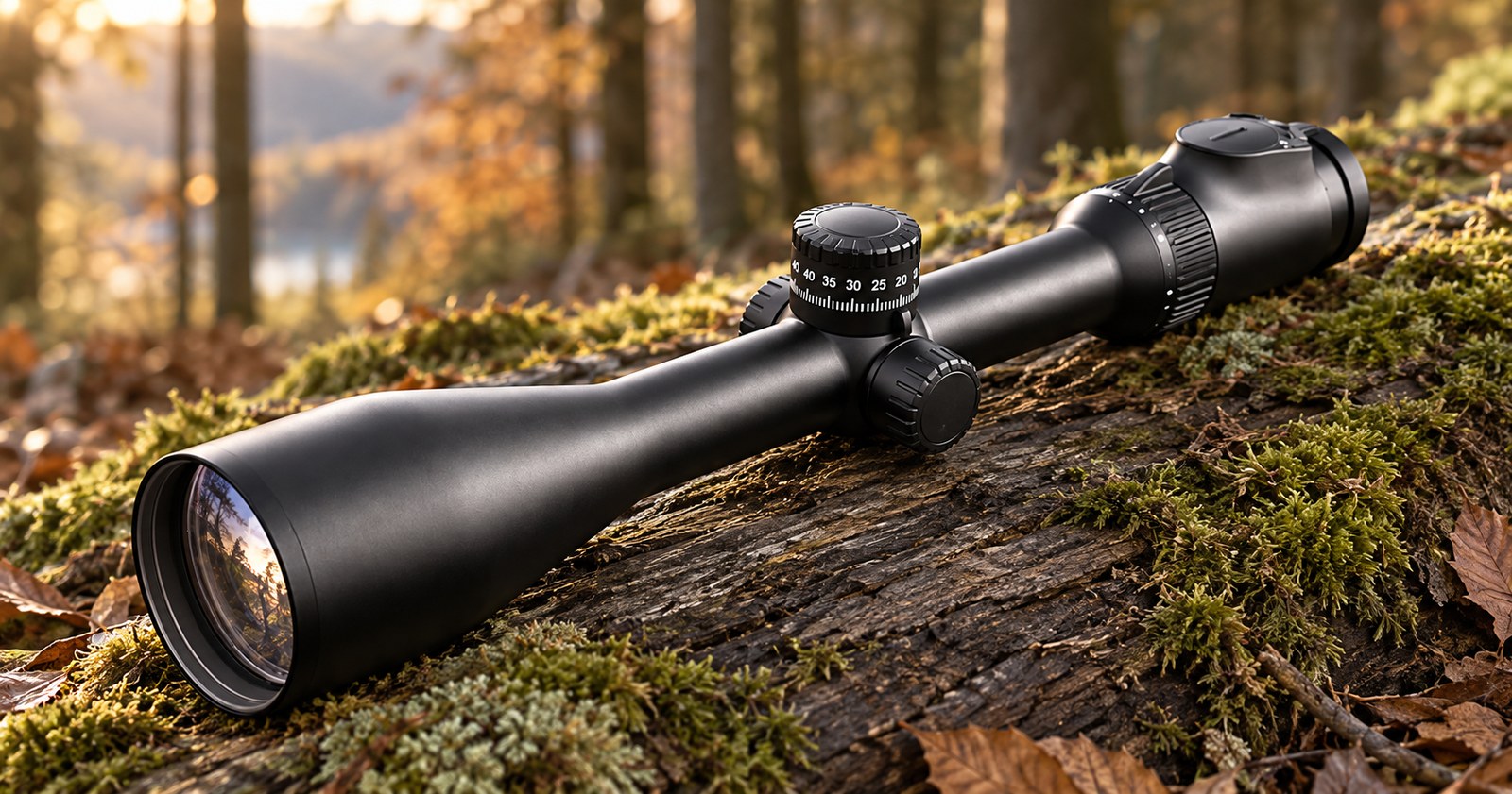 Swarovski Z6i 4–24×56 P BT L auf bemoostem Stamm vor herbstlichem Bestand