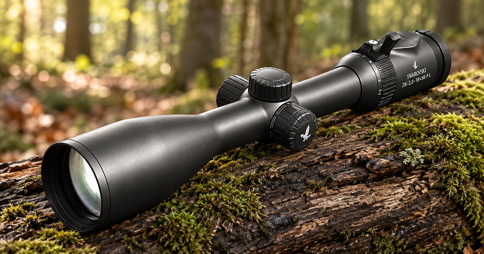 Swarovski Z8i 2,3–18×56 P L auf einem bemoosten Stamm im lichten Buchenwald
