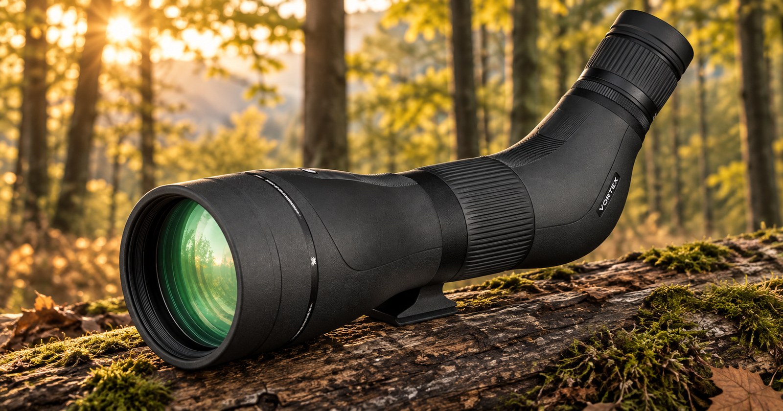 Vortex Diamondback HD 20–60×85 auf einem bemoosten Stamm im herbstlichen Gegenlicht