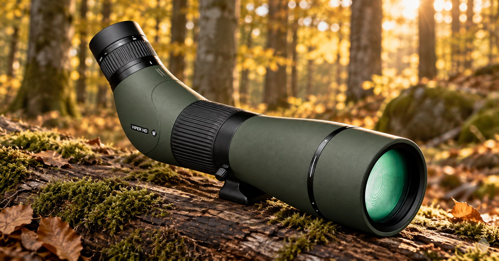 Vortex Viper HD 20–60×85 auf einem bemoosten Stamm im Herbstwald
