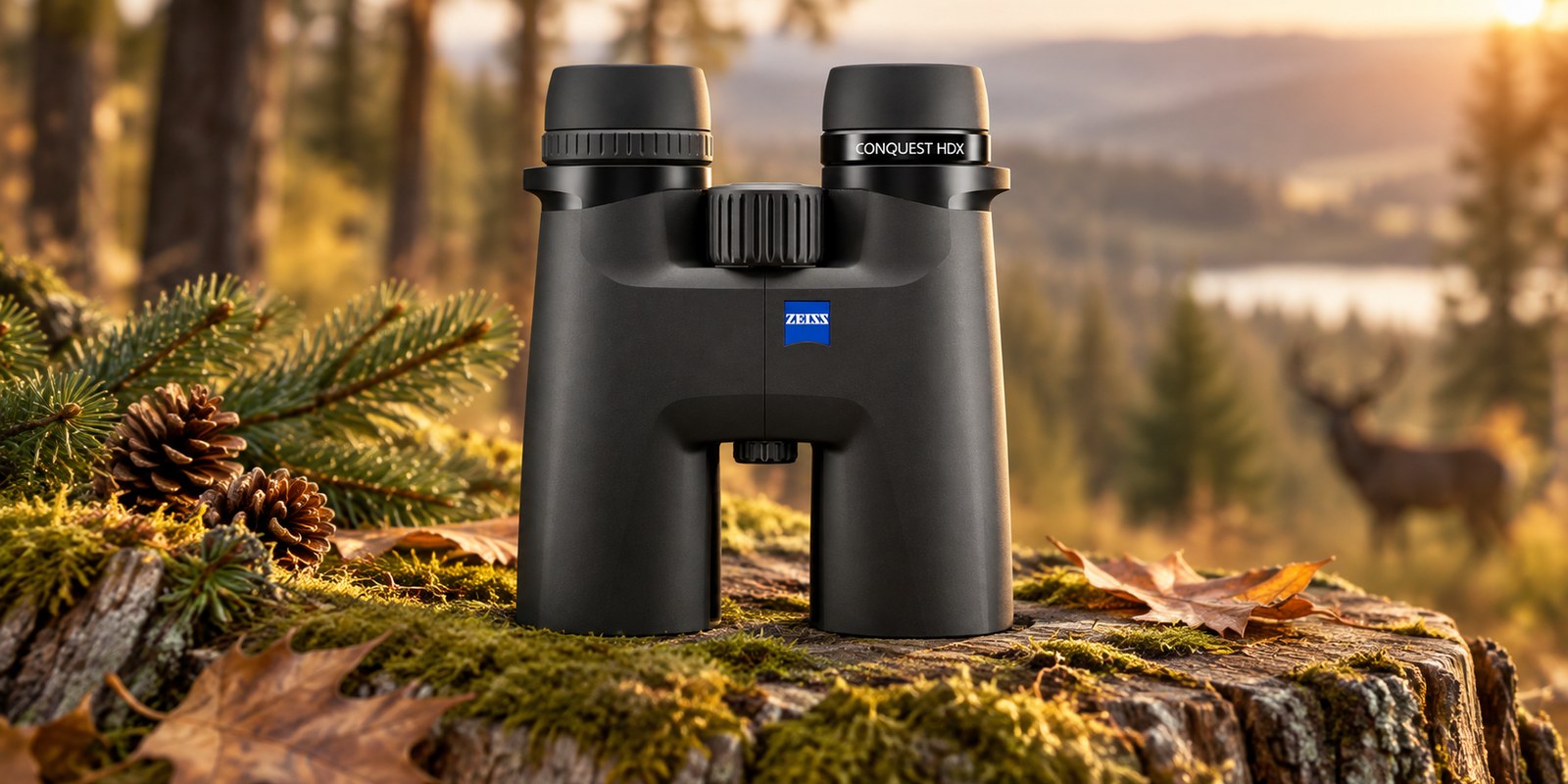 Zeiss Conquest HDX 8×42 auf einem bemoosten Baumstumpf im Herbstwald