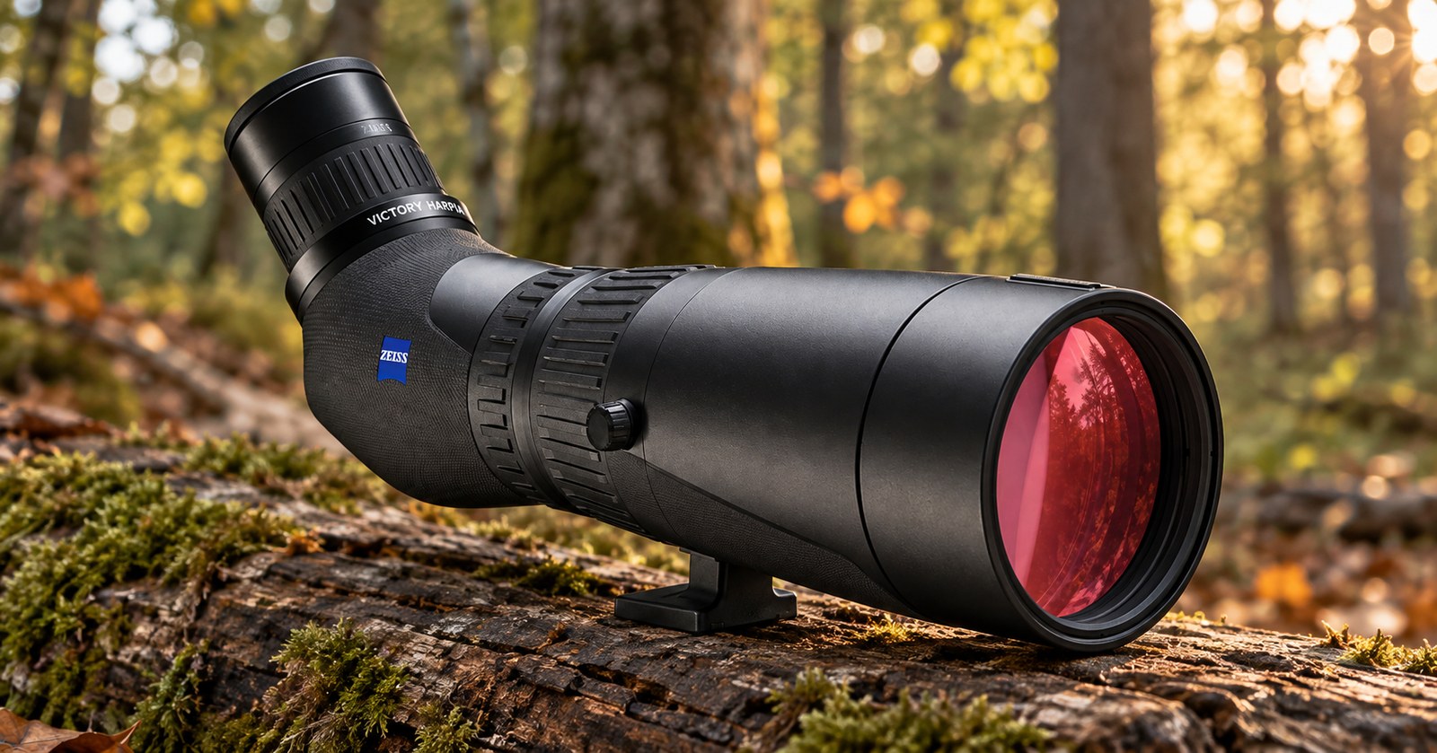 Zeiss Victory Harpia 85 auf einem bemoosten Stamm im Herbstlicht