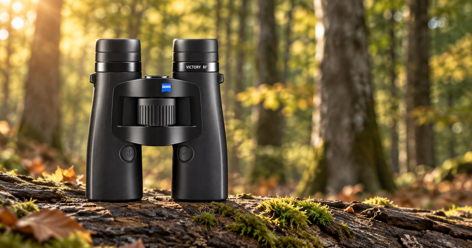 ZEISS Victory RF 8×42 auf einem bemoosten Stamm im Morgenlicht