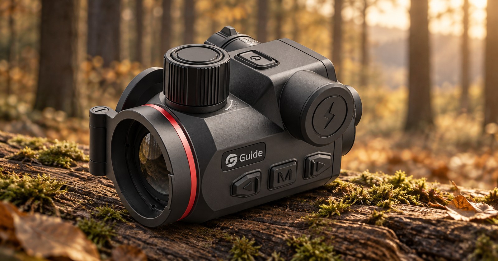 Guide Orion O635CS auf einem bemoosten Stamm im Herbstwald