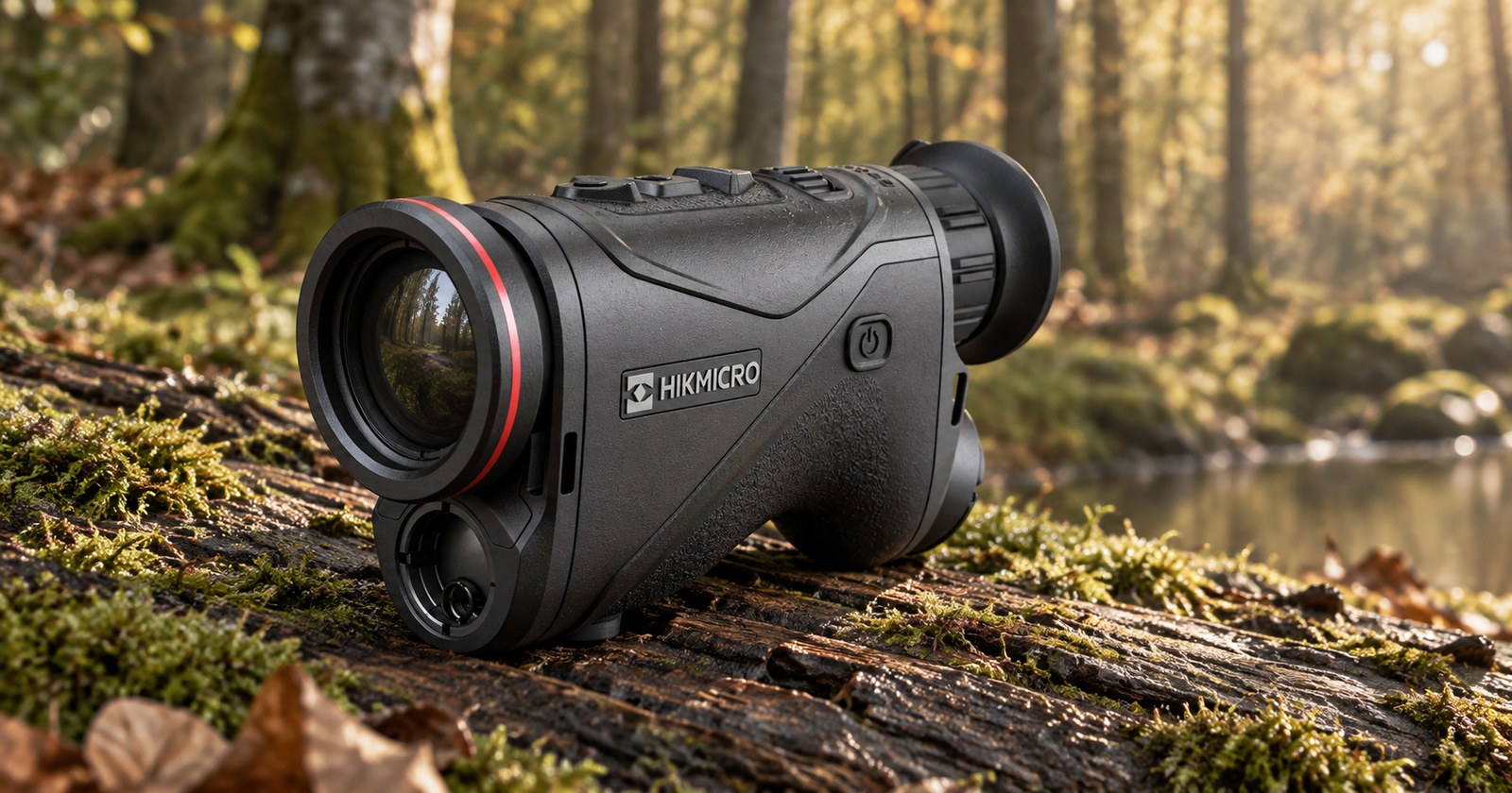 HIKMICRO Condor CQ35L 2.0 mit Entfernungsmesser auf einem bemoosten Stamm am Bach