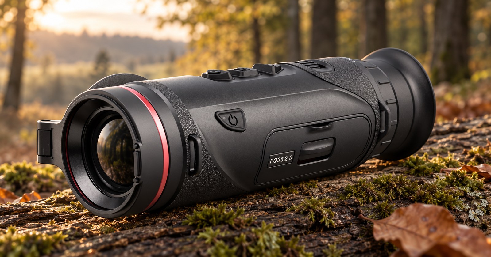 HIKMICRO Falcon FQ35 2.0 auf einem bemoosten Stamm im Abendlicht