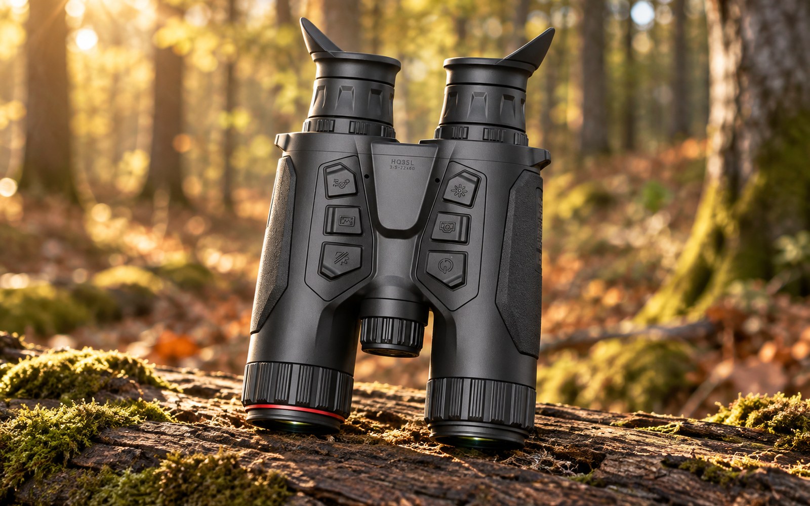 HIKMICRO Habrok HQ35LN Multispektral-Binokular auf einem bemoosten Stamm im Herbstwald