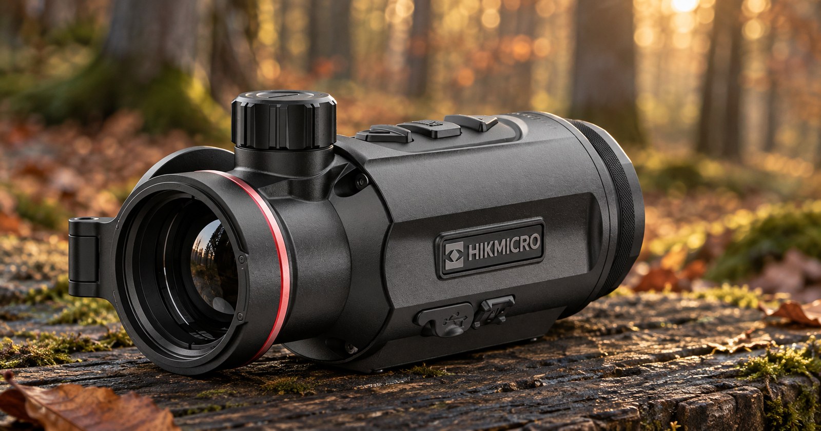 HIKMICRO Thunder TQ35C 3.0 auf einem bemoosten Baumstamm im Herbstwald