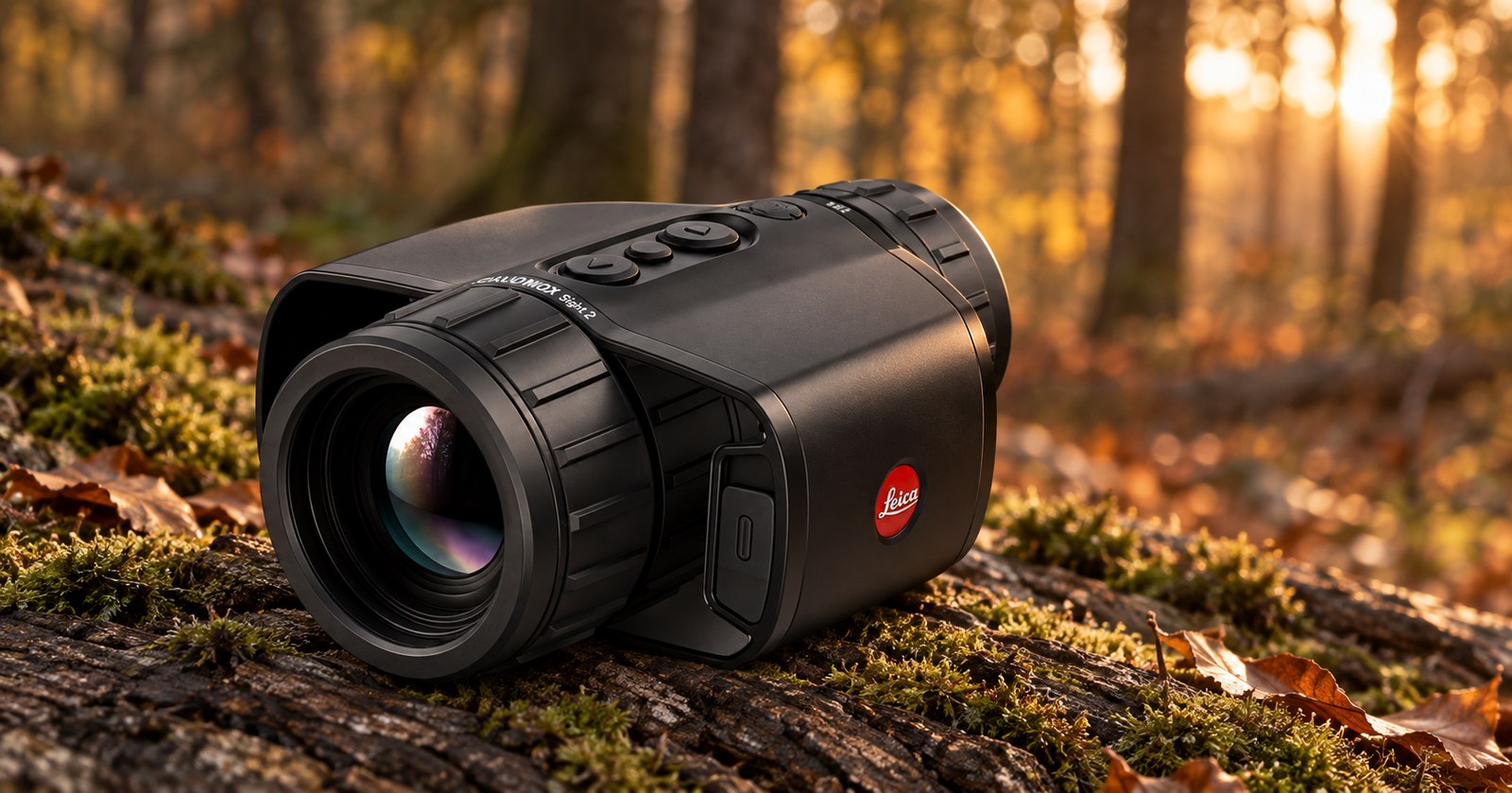 Leica Calonox 2 Sight auf einem bemoosten Stamm im Abendlicht