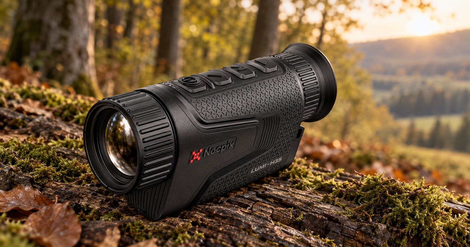 Nocpix Lumi H35 auf einem bemoosten Stamm mit Blick ins Tal