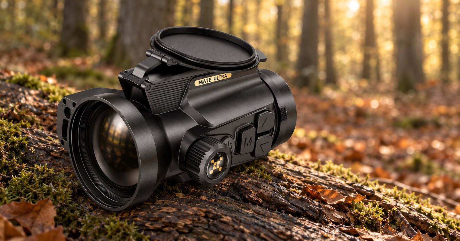 Nocpix Mate Ultra S60R auf einem bemoosten Stamm im Herbstwald